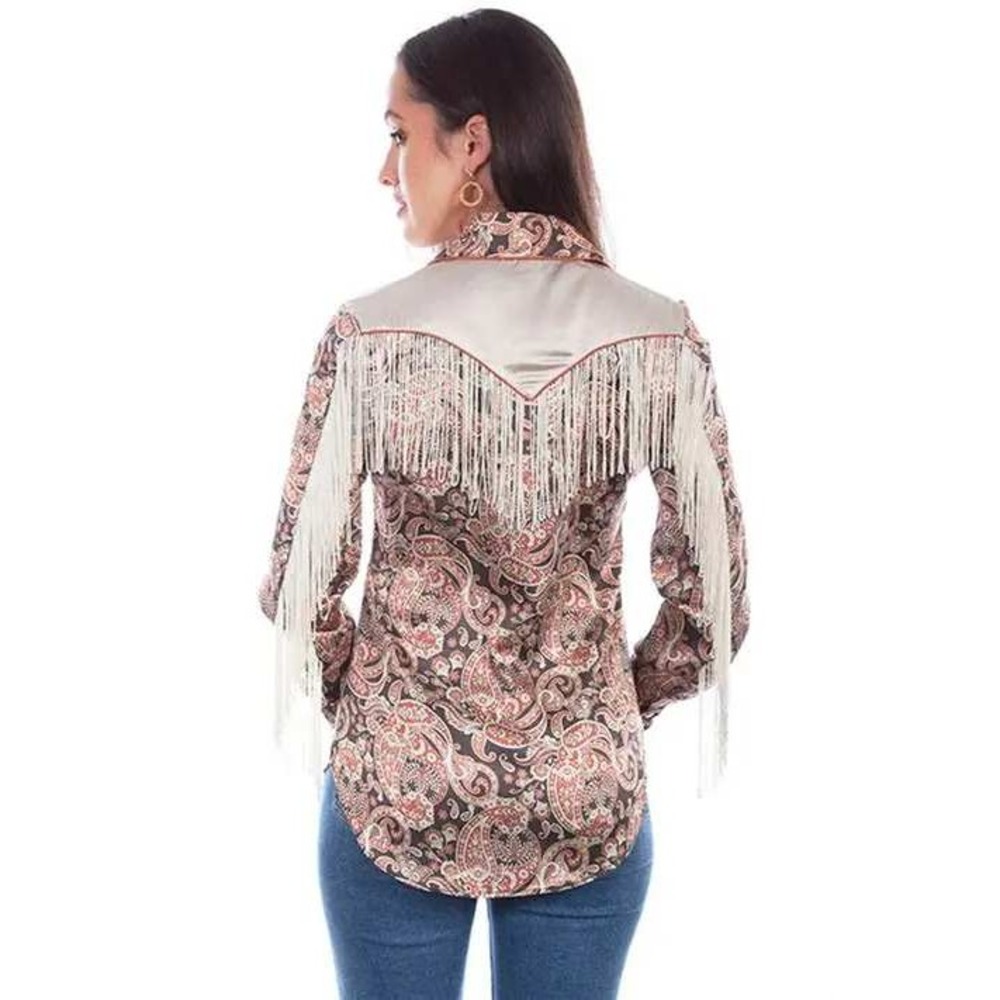 Scully Western Shirt Womens L Brown Paisley Fringe Satin Cowgirl Rodeo Retro